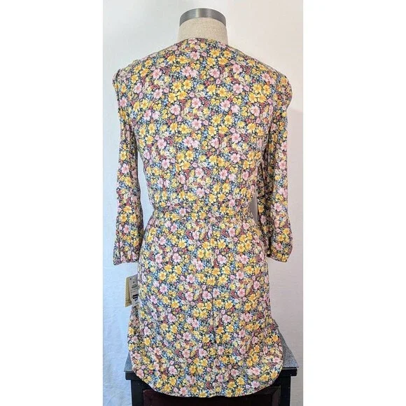 Bebop Ditsy Floral Dress XL Yellow/Navy Boho Cutout Midriff Tie Front Mini New - Picture 4 of 9